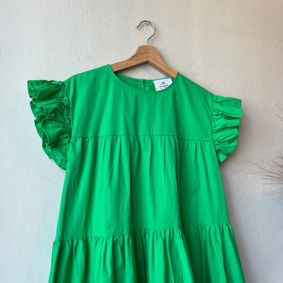 Marielle Almelo Dress Green Tiered Ruffle Sleeve A-Line Nap Cotton Midi Dress OS - Picture 4 of 8